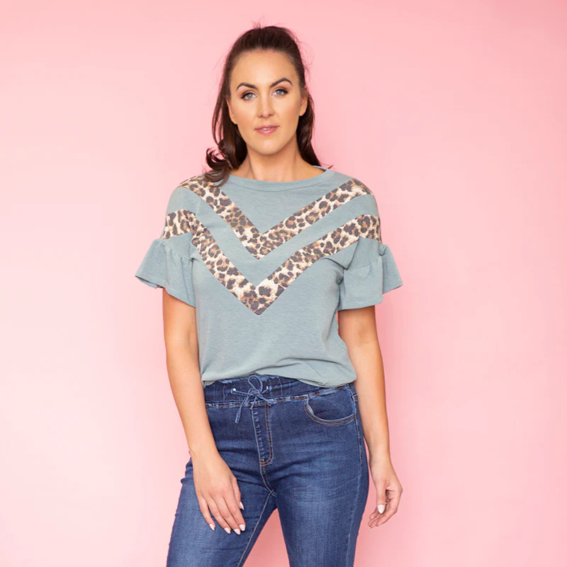 Cheever Chevron Ruffled Sleeve Top (Sage) - Image 5