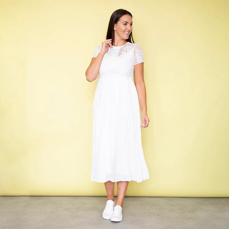 Lara Lace Cap Sleeve Dress (White) - Image 6