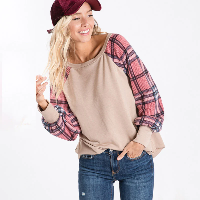 Eve Plaid Sleeve Top Beige - Image 2