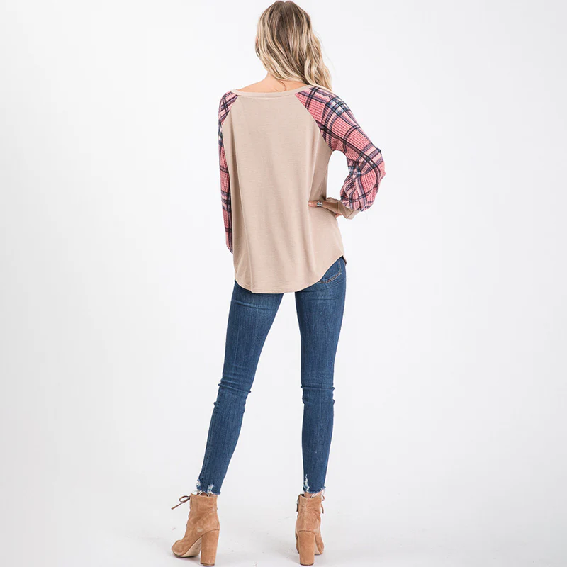 Eve Plaid Sleeve Top Beige - Image 3
