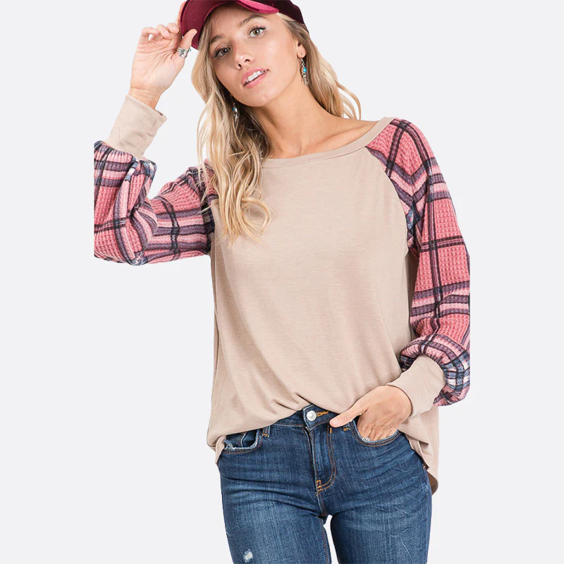 Eve Plaid Sleeve Top Beige - Image 5
