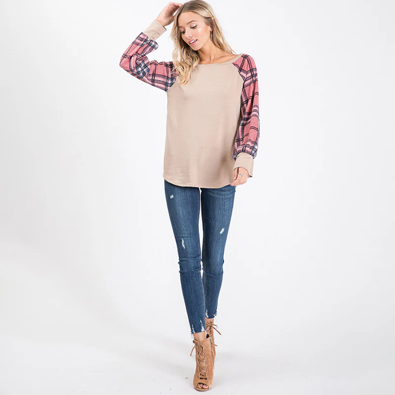 Eve Plaid Sleeve Top Beige - Image 7