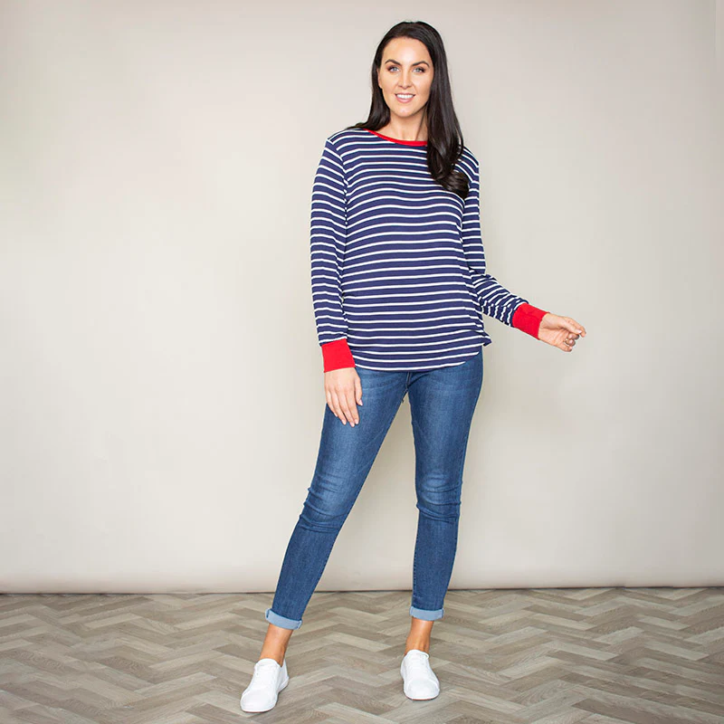 Katie Contrast Cuff Stripe Top (Cherry) - Image 2