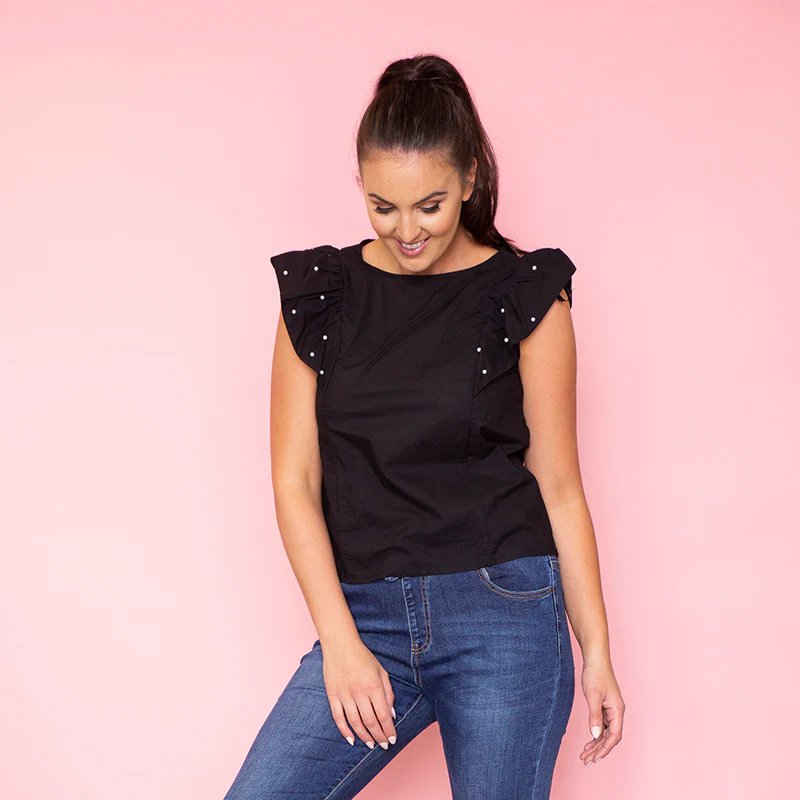 Rey Ruffle Pearl Top (Black) - Image 8